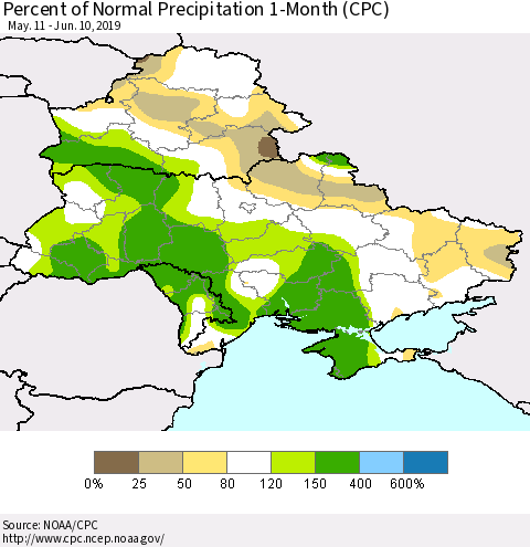 Ukraine, Moldova and Belarus Percent of Normal Precipitation 1-Month (CPC) Thematic Map For 5/11/2019 - 6/10/2019
