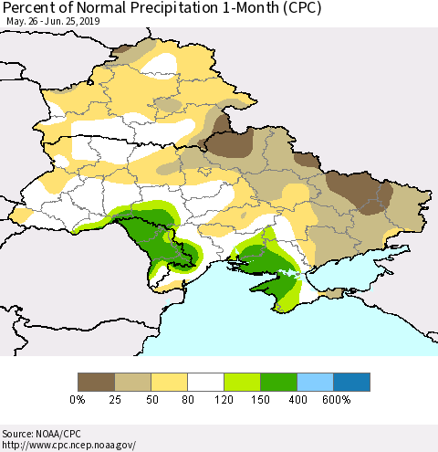 Ukraine, Moldova and Belarus Percent of Normal Precipitation 1-Month (CPC) Thematic Map For 5/26/2019 - 6/25/2019