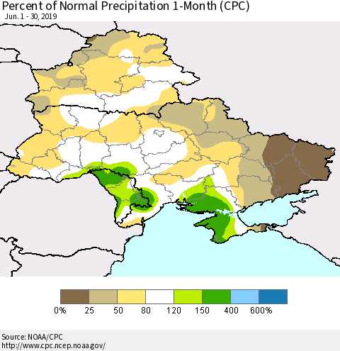 Ukraine, Moldova and Belarus Percent of Normal Precipitation 1-Month (CPC) Thematic Map For 6/1/2019 - 6/30/2019