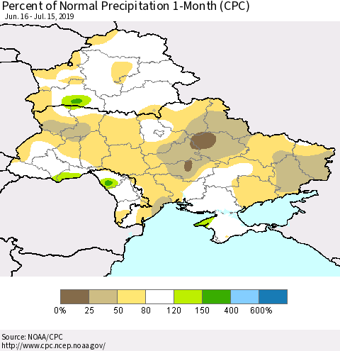 Ukraine, Moldova and Belarus Percent of Normal Precipitation 1-Month (CPC) Thematic Map For 6/16/2019 - 7/15/2019