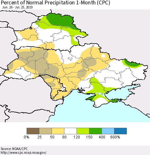 Ukraine, Moldova and Belarus Percent of Normal Precipitation 1-Month (CPC) Thematic Map For 6/26/2019 - 7/25/2019
