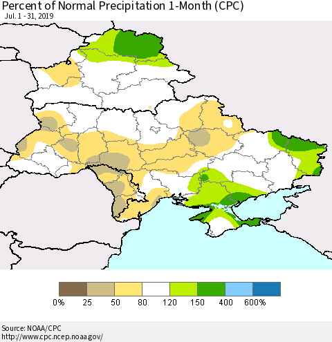 Ukraine, Moldova and Belarus Percent of Normal Precipitation 1-Month (CPC) Thematic Map For 7/1/2019 - 7/31/2019