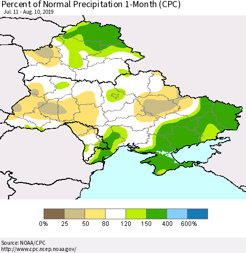 Ukraine, Moldova and Belarus Percent of Normal Precipitation 1-Month (CPC) Thematic Map For 7/11/2019 - 8/10/2019