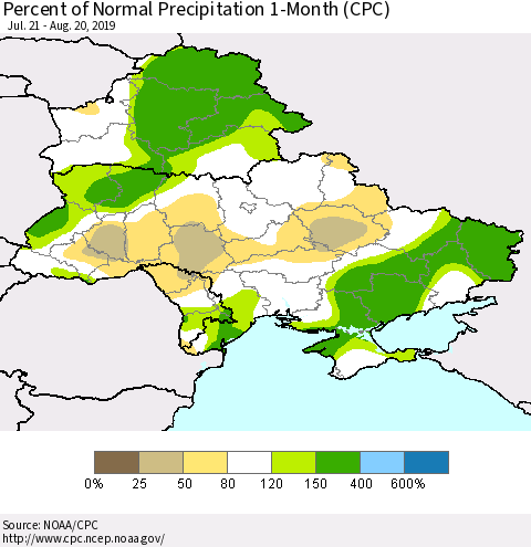 Ukraine, Moldova and Belarus Percent of Normal Precipitation 1-Month (CPC) Thematic Map For 7/21/2019 - 8/20/2019