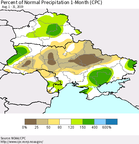 Ukraine, Moldova and Belarus Percent of Normal Precipitation 1-Month (CPC) Thematic Map For 8/1/2019 - 8/31/2019