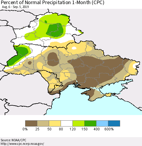 Ukraine, Moldova and Belarus Percent of Normal Precipitation 1-Month (CPC) Thematic Map For 8/6/2019 - 9/5/2019