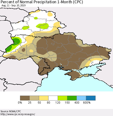 Ukraine, Moldova and Belarus Percent of Normal Precipitation 1-Month (CPC) Thematic Map For 8/11/2019 - 9/10/2019