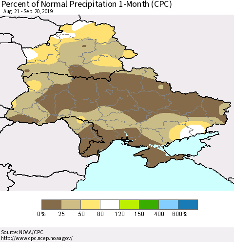 Ukraine, Moldova and Belarus Percent of Normal Precipitation 1-Month (CPC) Thematic Map For 8/21/2019 - 9/20/2019