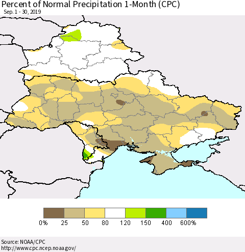 Ukraine, Moldova and Belarus Percent of Normal Precipitation 1-Month (CPC) Thematic Map For 9/1/2019 - 9/30/2019