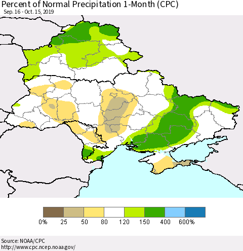 Ukraine, Moldova and Belarus Percent of Normal Precipitation 1-Month (CPC) Thematic Map For 9/16/2019 - 10/15/2019