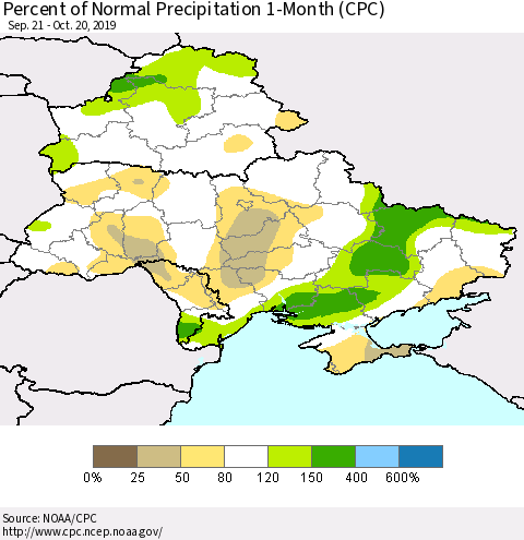 Ukraine, Moldova and Belarus Percent of Normal Precipitation 1-Month (CPC) Thematic Map For 9/21/2019 - 10/20/2019