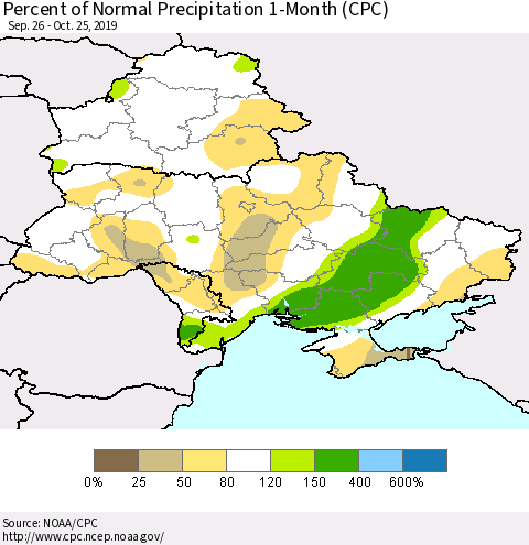 Ukraine, Moldova and Belarus Percent of Normal Precipitation 1-Month (CPC) Thematic Map For 9/26/2019 - 10/25/2019