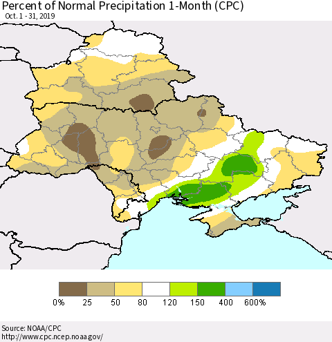 Ukraine, Moldova and Belarus Percent of Normal Precipitation 1-Month (CPC) Thematic Map For 10/1/2019 - 10/31/2019