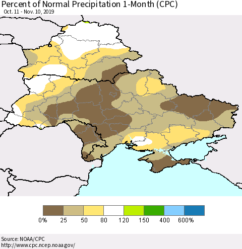 Ukraine, Moldova and Belarus Percent of Normal Precipitation 1-Month (CPC) Thematic Map For 10/11/2019 - 11/10/2019