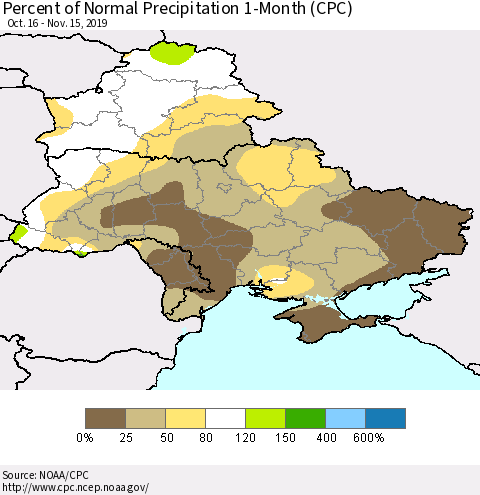 Ukraine, Moldova and Belarus Percent of Normal Precipitation 1-Month (CPC) Thematic Map For 10/16/2019 - 11/15/2019