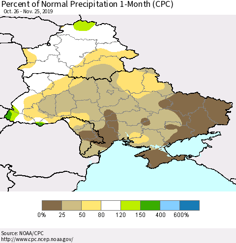 Ukraine, Moldova and Belarus Percent of Normal Precipitation 1-Month (CPC) Thematic Map For 10/26/2019 - 11/25/2019