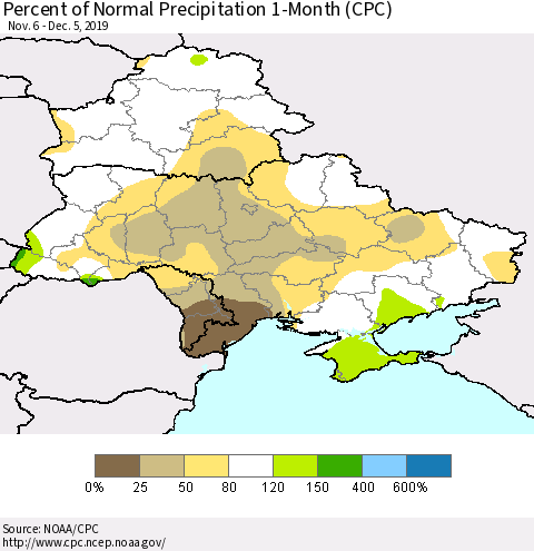 Ukraine, Moldova and Belarus Percent of Normal Precipitation 1-Month (CPC) Thematic Map For 11/6/2019 - 12/5/2019