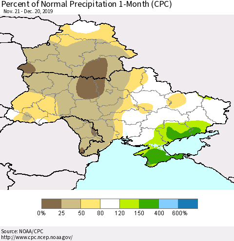 Ukraine, Moldova and Belarus Percent of Normal Precipitation 1-Month (CPC) Thematic Map For 11/21/2019 - 12/20/2019