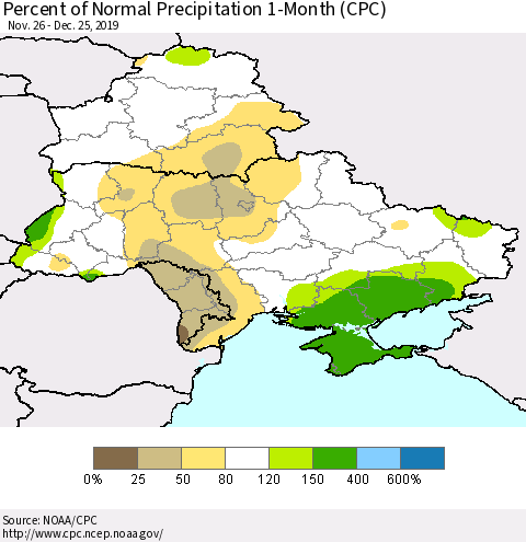 Ukraine, Moldova and Belarus Percent of Normal Precipitation 1-Month (CPC) Thematic Map For 11/26/2019 - 12/25/2019