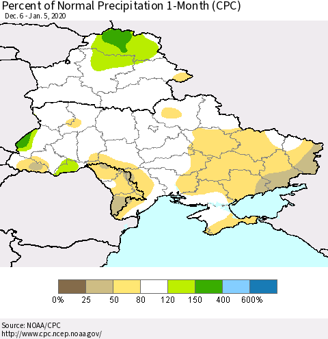 Ukraine, Moldova and Belarus Percent of Normal Precipitation 1-Month (CPC) Thematic Map For 12/6/2019 - 1/5/2020