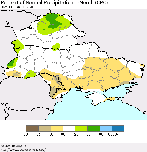 Ukraine, Moldova and Belarus Percent of Normal Precipitation 1-Month (CPC) Thematic Map For 12/11/2019 - 1/10/2020