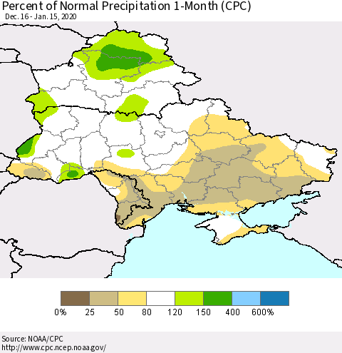 Ukraine, Moldova and Belarus Percent of Normal Precipitation 1-Month (CPC) Thematic Map For 12/16/2019 - 1/15/2020