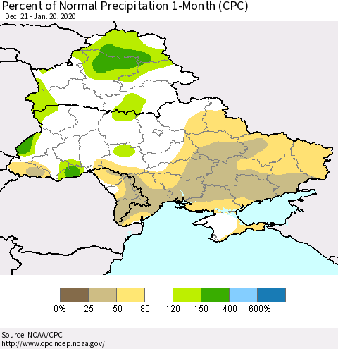 Ukraine, Moldova and Belarus Percent of Normal Precipitation 1-Month (CPC) Thematic Map For 12/21/2019 - 1/20/2020