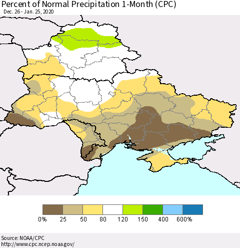 Ukraine, Moldova and Belarus Percent of Normal Precipitation 1-Month (CPC) Thematic Map For 12/26/2019 - 1/25/2020