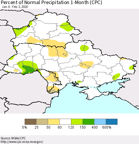 Ukraine, Moldova and Belarus Percent of Normal Precipitation 1-Month (CPC) Thematic Map For 1/6/2020 - 2/5/2020