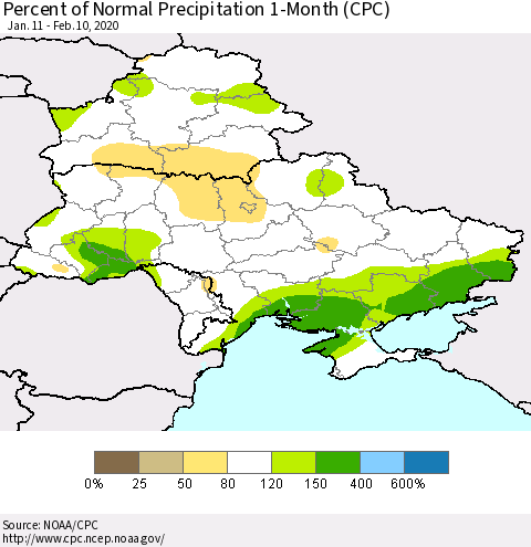Ukraine, Moldova and Belarus Percent of Normal Precipitation 1-Month (CPC) Thematic Map For 1/11/2020 - 2/10/2020