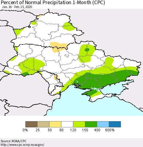 Ukraine, Moldova and Belarus Percent of Normal Precipitation 1-Month (CPC) Thematic Map For 1/16/2020 - 2/15/2020