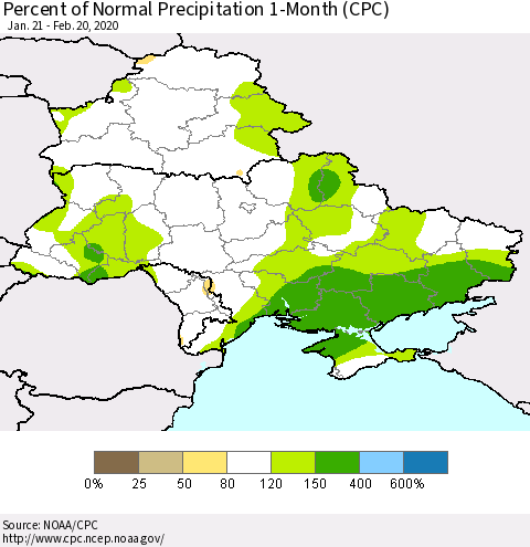 Ukraine, Moldova and Belarus Percent of Normal Precipitation 1-Month (CPC) Thematic Map For 1/21/2020 - 2/20/2020