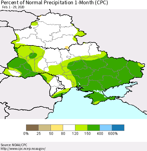 Ukraine, Moldova and Belarus Percent of Normal Precipitation 1-Month (CPC) Thematic Map For 2/1/2020 - 2/29/2020