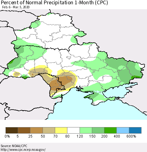 Ukraine, Moldova and Belarus Percent of Normal Precipitation 1-Month (CPC) Thematic Map For 2/6/2020 - 3/5/2020