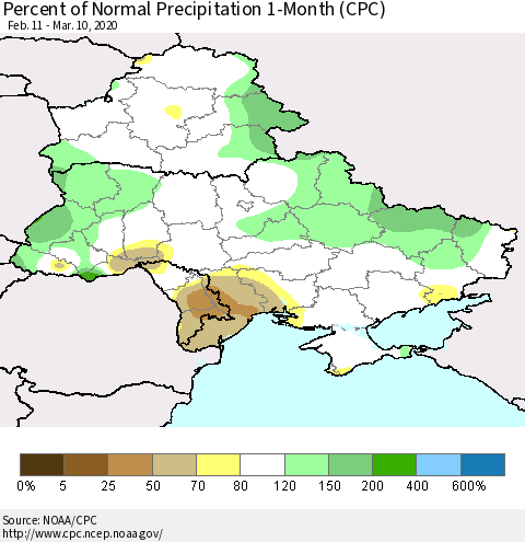 Ukraine, Moldova and Belarus Percent of Normal Precipitation 1-Month (CPC) Thematic Map For 2/11/2020 - 3/10/2020