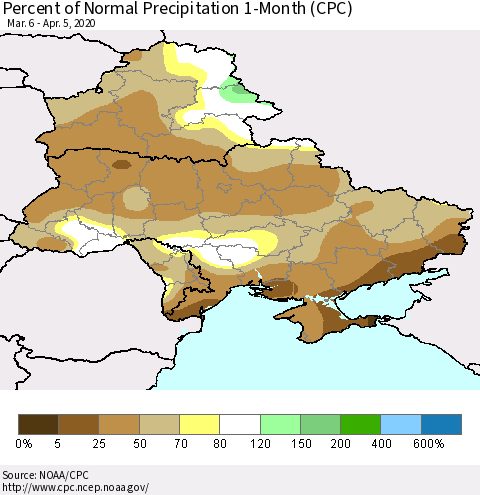 Ukraine, Moldova and Belarus Percent of Normal Precipitation 1-Month (CPC) Thematic Map For 3/6/2020 - 4/5/2020