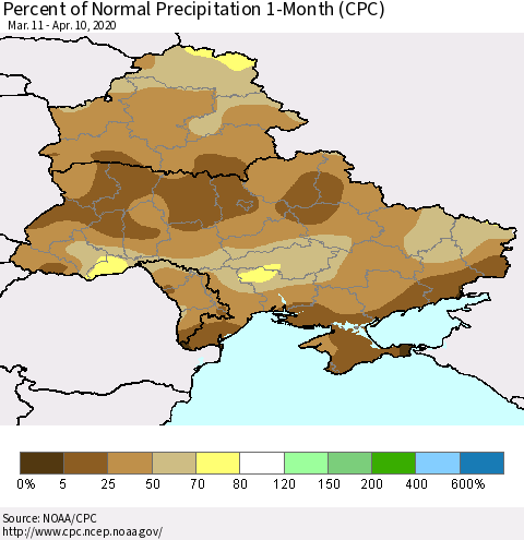 Ukraine, Moldova and Belarus Percent of Normal Precipitation 1-Month (CPC) Thematic Map For 3/11/2020 - 4/10/2020