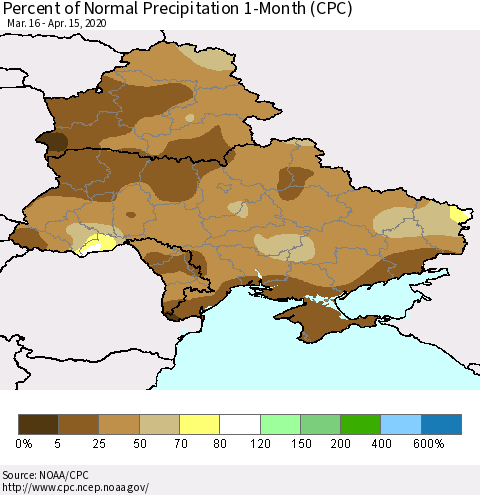 Ukraine, Moldova and Belarus Percent of Normal Precipitation 1-Month (CPC) Thematic Map For 3/16/2020 - 4/15/2020
