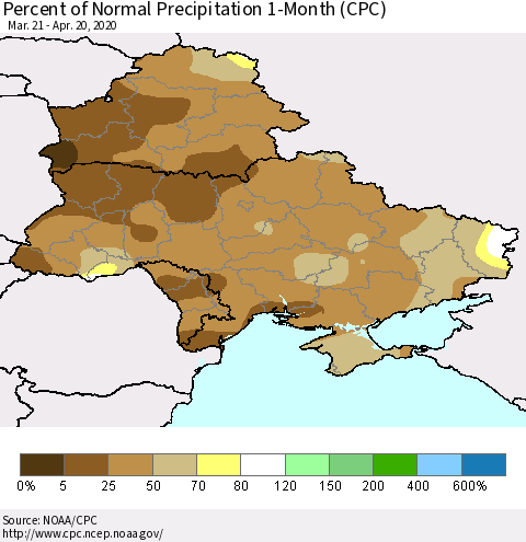 Ukraine, Moldova and Belarus Percent of Normal Precipitation 1-Month (CPC) Thematic Map For 3/21/2020 - 4/20/2020