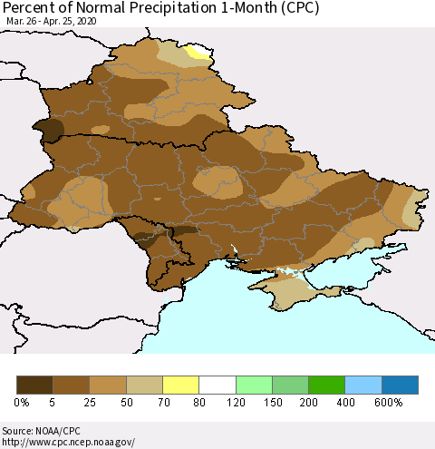 Ukraine, Moldova and Belarus Percent of Normal Precipitation 1-Month (CPC) Thematic Map For 3/26/2020 - 4/25/2020