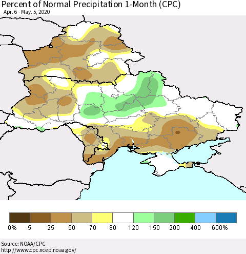 Ukraine, Moldova and Belarus Percent of Normal Precipitation 1-Month (CPC) Thematic Map For 4/6/2020 - 5/5/2020