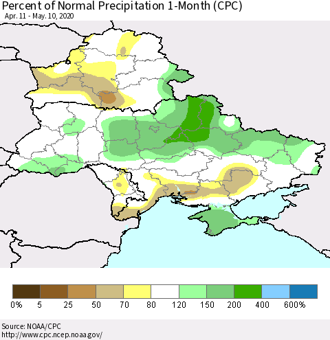 Ukraine, Moldova and Belarus Percent of Normal Precipitation 1-Month (CPC) Thematic Map For 4/11/2020 - 5/10/2020