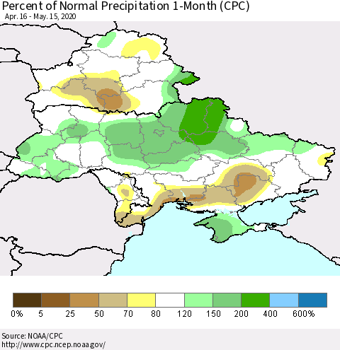 Ukraine, Moldova and Belarus Percent of Normal Precipitation 1-Month (CPC) Thematic Map For 4/16/2020 - 5/15/2020