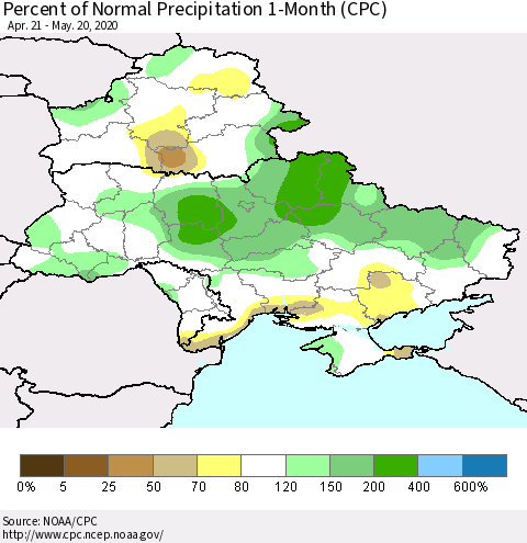 Ukraine, Moldova and Belarus Percent of Normal Precipitation 1-Month (CPC) Thematic Map For 4/21/2020 - 5/20/2020