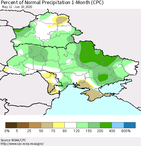 Ukraine, Moldova and Belarus Percent of Normal Precipitation 1-Month (CPC) Thematic Map For 5/11/2020 - 6/10/2020