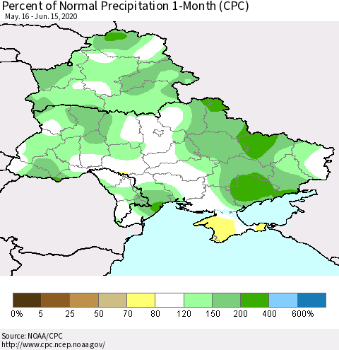 Ukraine, Moldova and Belarus Percent of Normal Precipitation 1-Month (CPC) Thematic Map For 5/16/2020 - 6/15/2020