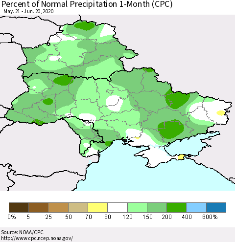 Ukraine, Moldova and Belarus Percent of Normal Precipitation 1-Month (CPC) Thematic Map For 5/21/2020 - 6/20/2020