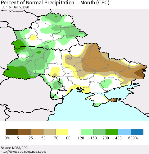 Ukraine, Moldova and Belarus Percent of Normal Precipitation 1-Month (CPC) Thematic Map For 6/6/2020 - 7/5/2020