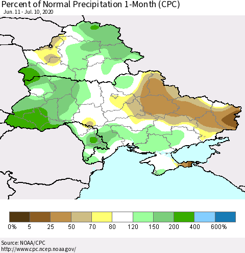 Ukraine, Moldova and Belarus Percent of Normal Precipitation 1-Month (CPC) Thematic Map For 6/11/2020 - 7/10/2020