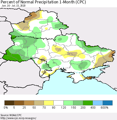 Ukraine, Moldova and Belarus Percent of Normal Precipitation 1-Month (CPC) Thematic Map For 6/16/2020 - 7/15/2020